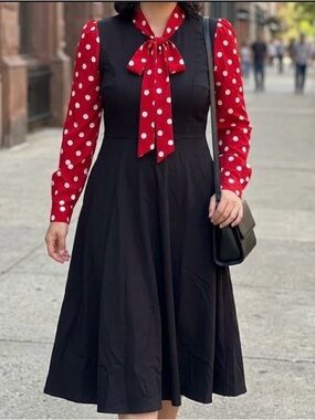 New Tulip B Long Sleeve Black Dress with Red Polka Dot Tie-Neck Modern Vintage